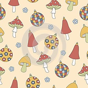 Groovy Christmas seamless pattern. Ball, disco ball, mushroom in trendy retro cartoon style. Background for winter