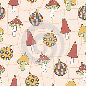 Groovy Christmas seamless pattern. Ball, disco ball, mushroom in trendy retro cartoon style. Background for winter