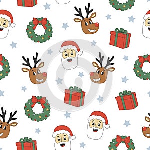 Groovy Christmas seamless pattern. Santa Claus, reindeer, gift box in trendy retro cartoon style. Background for winter