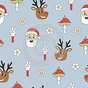 Groovy Christmas seamless pattern. Santa Claus, reindeer, mushroom in trendy retro cartoon style. Background for winter