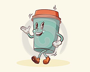 Groovy Coffee Mug Retro Character. Cartoon Food Paper Cup Walking and Smiling. Vector Fast Food Beverage Mascot Template