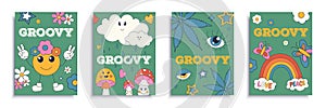 Groovy cover brochure set in flat design. Vector illustration.
