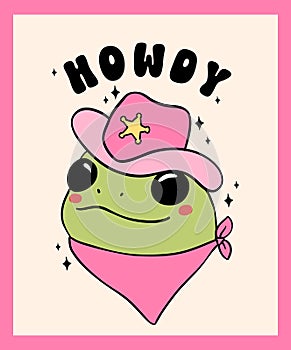 Groovy Cowboy Frog with hat howdyTrendy self love Retro Minimal drawing wall art printable Aesthetic