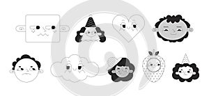 Groovy cute black and white 2D vector avatars illustration set