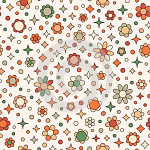 Groovy Daisy Flowers Seamless Pattern. Floral Vector Background in 1970s Hippie Retro Style