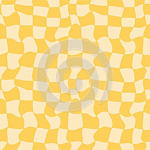 Groovy distorted positive chessboard seamless pattern. Trippy twisted grid background. Yellow monochrome textile fabric design.