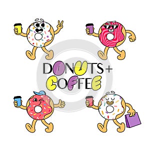 Groovy Donut Character in Cartoon Doodle Style with Coffee Cup. Vector Illustration of Retro Comic Doughnuts. Funny