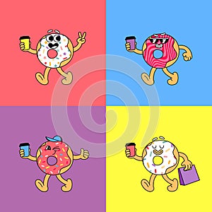 Groovy Donut Character with Coffee Cup in Cartoon Doodle Style. Vector Illustration of Comic Doughnuts Mascots in in