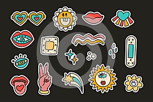 Groovy doodle cartoon funky sticker set. Vector funky flower heart lips and glasses icon