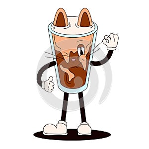 Groovy drink cat character in shape of Iced cold brew coffee. Character with ears and whiskers in cartoon style. Vector