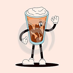 Groovy drink smile character in shape of Iced cold brew coffee. Mascot in cartoon style. Vector illustration isolated on