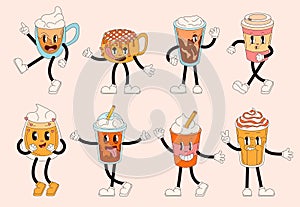 Groovy drinks characters in retro cartoon style. Comic characters in shape of coffee cup, cappuccino, latte with happy