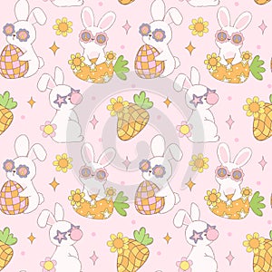 Groovy Easter Pattern Seamless retro disco bunny Playful animal doodle drawing isolated on background