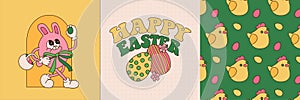 Groovy Easter square cards set. Spring bright character bunny mascot in retro cartoon style. Cute eggs, chick pattern