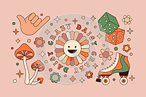 Groovy Elements Set in Retro Hippie Style 70s . Geometric Abstract Vector Stickers: Daisy Flower, Hand, Mushroom, Roller