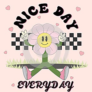 Groovy flower cartoon characters. Funny happy daisy with eyes and smile.