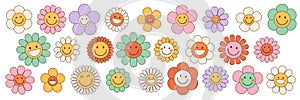 Groovy flower cartoon characters. Funny happy daisy. Sticker pack in trendy retro 70s style.