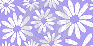 Groovy flower seamless pattern, spring floral background, grunge chamomile vector print, cute summer daisy pastel purple textile.