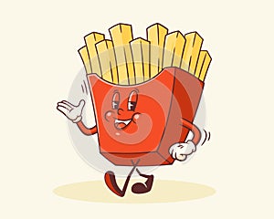 Groovy French Fries Retro Character. Cartoon Food Fry Box Package Walking and Smiling. Vector Fastfood Mascot Template