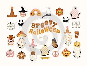 Groovy Halloween. Retro groovy Halloween cliparts. Hippie vintage style. Ghost, mushroom, pumpkin. Vector