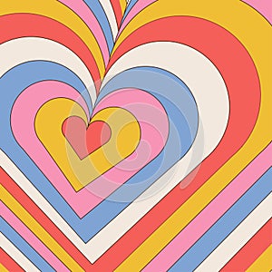 Groovy Heart shaped concentric stripes in retro trippy style. Hypnotic love tunnel. 70s psychedelic rainbow retro