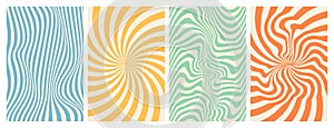 Groovy hippie 70s backgrounds. Waves, swirl, twirl pattern in trendy retro psychedelic style.