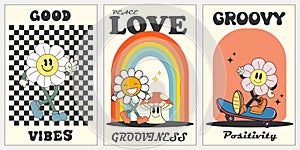 Groovy hippie 70s posters with positive quotes. Groovy flower cartoon characters.