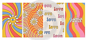 Groovy hippie 70s posters set. Funny cartoon flower power, rainbow, love, daisy, distorted checkered background. Vector