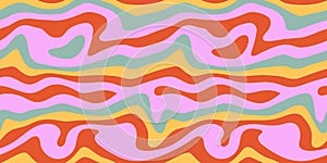 Groovy Hippie 70s Psychedelic Curved Horizontal Background. Vector Striped Seamless Pattern in Trendy Seventies Style