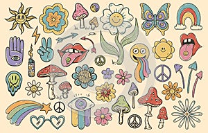 Groovy hippie 70s set. Funny cartoon flower, rainbow, peace, Love, heart, daisy, mushroom. Sticker pack in retro