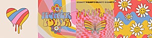Groovy Hippie 70s square cards Set . Flower power Trippy Psychedelic banners - Daisy Flowers, Melting Wavy Stripes in