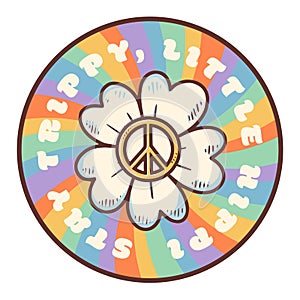 Groovy hippie 70s sticker. Symbol hippie. Sticker in trendy retro psychedelic cartoon style 60s. Hippie soul. Good vibes