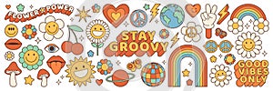 Groovy hippie 70s stickers. Funny cartoon flower, rainbow, peace, heart in retro psychedelic style.