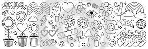 Groovy hippie 70s stickers. Funny cartoon flower, rainbow, peace, heart in retro psychedelic style.