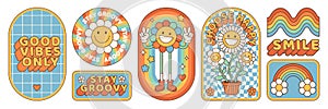Groovy hippie 70s stickers. Funny cartoon flower, rainbow, peace, heart in retro psychedelic style.