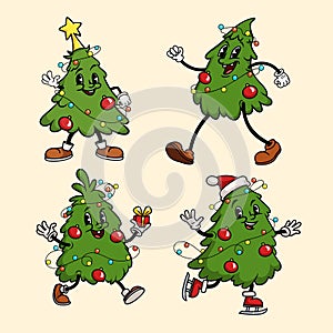 Groovy Hippie Christmas tree characters set. Cartoon mascot characters in trendy retro 50s, 60s style for Christmas.
