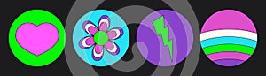Groovy hippie circle sticker 70s set. Funny cartoon bright neon colors - flower, love, rainbow, peace, heart, daisy
