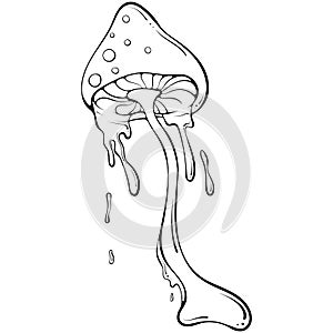 Groovy hippie long mushroom with drops line art