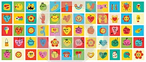 Groovy hippie love sticker character. Comic happy faces, geometric shapes and flower characters in trendy retro 60s 70s
