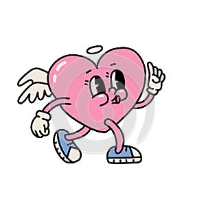 Groovy hippie love sticker character. Comic happy heart character with wings in trendy retro 60s 70s cartoon style