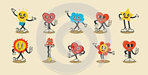 Groovy hippie love sticker character. Comic happy hearts, sun, stars, cloud character in trendy retro 60s 70s cartoon