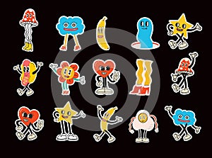 Groovy hippie love sticker character. Comic happy mushroom, hot dog and cloud character in trendy retro 60s 70s cartoon