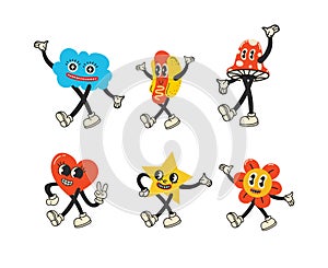 Groovy hippie love sticker character. Comic happy mushroom, hot dog and cloud character with wings in trendy retro 60s