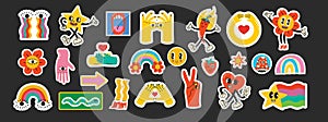 Groovy hippie love sticker character. Comic happy mushroom, hot dog and cloud character with wings in trendy retro 60s