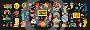 Groovy hippie love sticker character. Comic happy mushroom, hot dog and cloud character with wings in trendy retro 60s