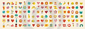 Groovy hippie love sticker characters. Comic happy faces, hearts and flower characters in trendy retro 60s 70s cartoon