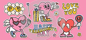 Groovy hippie love sticker set. Retro cartoon Valentines day elements. Comic happy heart character in trendy retro 60s