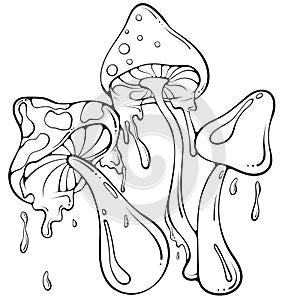 Groovy hippie mushrooms with drops composition line art