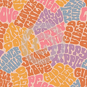 Groovy hippie psychedelic lettering seamless pattern. Warped doodle typography stickers for summer inspiration print.