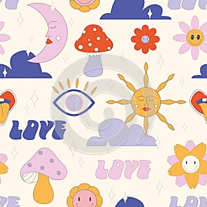 Groovy hippie 1970s background. Funny cartoon flower, rainbow, peace, Love, heart, daisy, mushroom etc.
